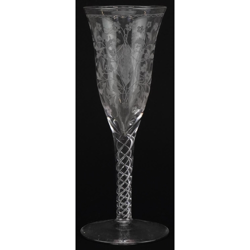 513 - Good quality wine glass with air twist stem and acid etched bowl finely engraved with flowers, 17.5c... 