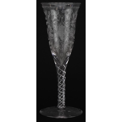 513 - Good quality wine glass with air twist stem and acid etched bowl finely engraved with flowers, 17.5c... 