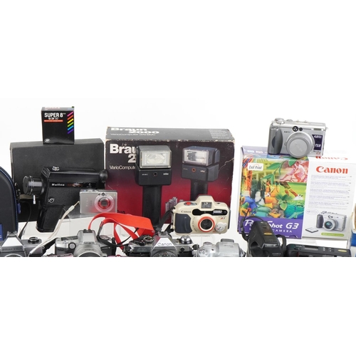 1058 - Vintage and later cameras and accessories including Praktica MTL5B, Lumix, Minolta, Canon AE-1 and F... 