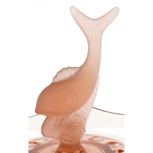 610 - Walther & Sohne, German Art Deco frosted and clear peach glass dolphin three section flower bowl, 29... 