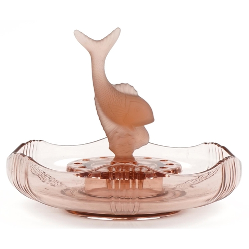 610 - Walther & Sohne, German Art Deco frosted and clear peach glass dolphin three section flower bowl, 29... 