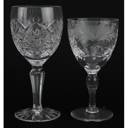 2296 - Cut glassware including set of six good quality wine glasses etched with flowers and a cranberry gla... 