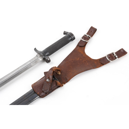 1418 - Swedish military interest M1896 Mauser bayonet with leather frog, 35cm in length