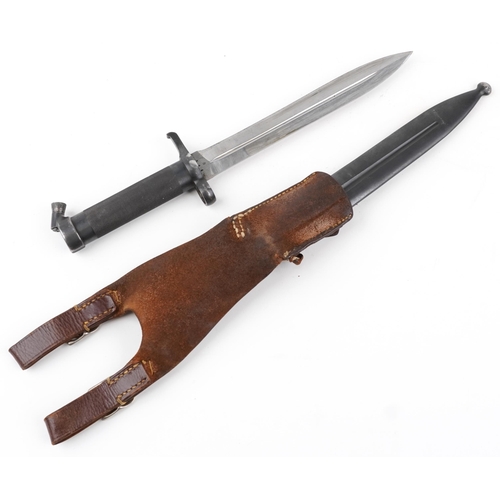 1418 - Swedish military interest M1896 Mauser bayonet with leather frog, 35cm in length