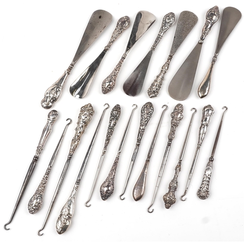 269 - Nineteen Victorian and later silver handled shoehorns and buttonhooks, the largest 23cm in length