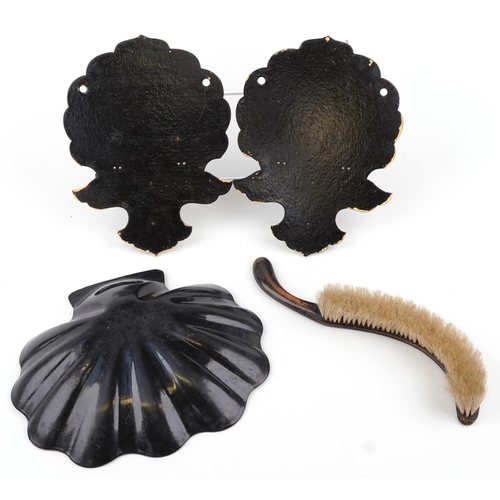 701 - Black lacquered and papier mache chinoiserie sundry items comprising a pair of folding wall brackets... 