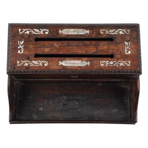 472 - Victorian rosewood desk top letterbox with tray and mother of pearl inlay engraved Answered and Unan... 