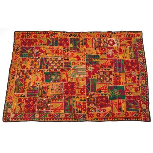 425 - Indian Gujarat patchwork bedspread embroidered with animals and flowers, 167cm x 116cm