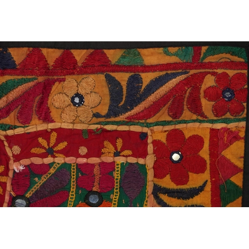 425 - Indian Gujarat patchwork bedspread embroidered with animals and flowers, 167cm x 116cm