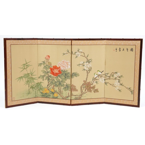 2537 - Chinese four fold screen hand painted with flowers, with calligraphy and red seal marks, housed in a... 