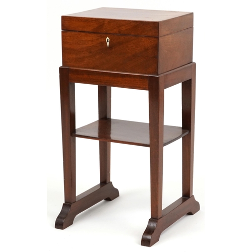 2121 - Mahogany sewing workbox on stand enclosing fitted lift out tray, overall 61.5cm H x 31cm W x 33cm D