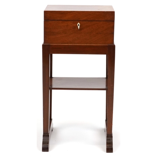 2121 - Mahogany sewing workbox on stand enclosing fitted lift out tray, overall 61.5cm H x 31cm W x 33cm D