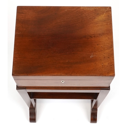 2121 - Mahogany sewing workbox on stand enclosing fitted lift out tray, overall 61.5cm H x 31cm W x 33cm D