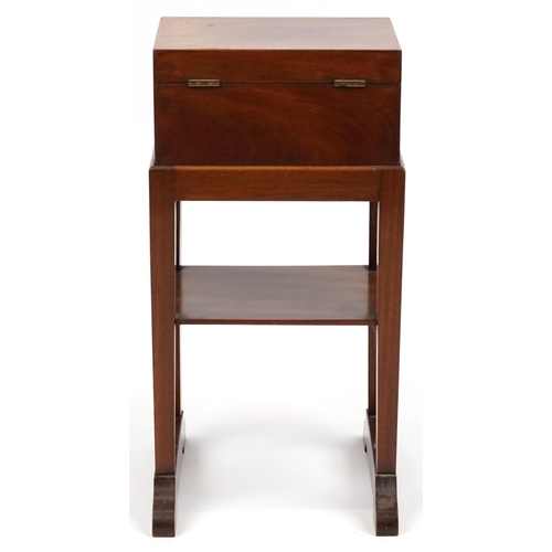 2121 - Mahogany sewing workbox on stand enclosing fitted lift out tray, overall 61.5cm H x 31cm W x 33cm D