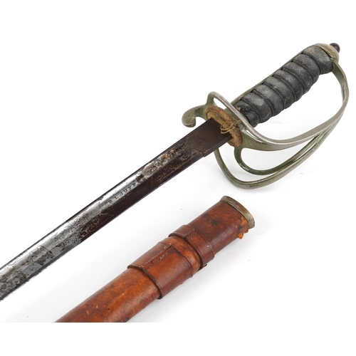 1412 - Victorian military Royal Artillery officer's sword with scabbard, wire bound shagreen grip and steel... 