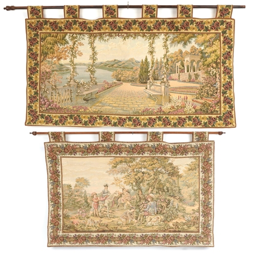 2436 - Two rectangular wall hanging tapestries including one with a courting couple on horseback, the large... 