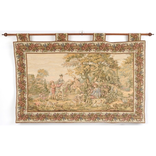 2436 - Two rectangular wall hanging tapestries including one with a courting couple on horseback, the large... 