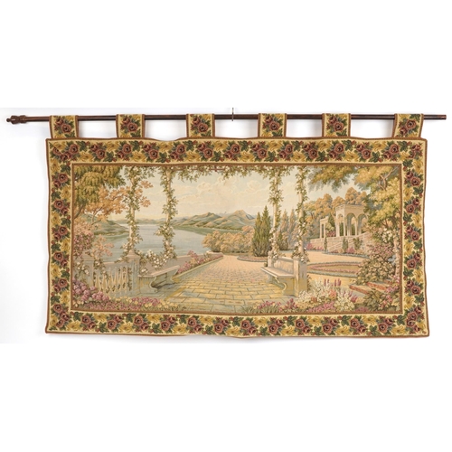 2436 - Two rectangular wall hanging tapestries including one with a courting couple on horseback, the large... 