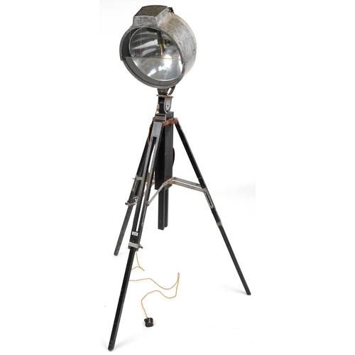 575 - Vintage Floor standing industrial Bullfinch spotlight on tripod stand, 126cm high not extended