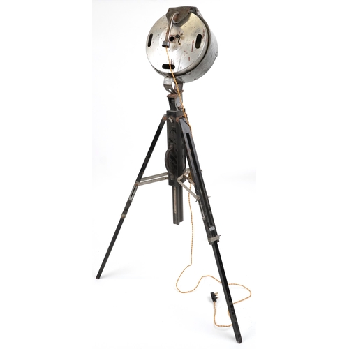 575 - Vintage Floor standing industrial Bullfinch spotlight on tripod stand, 126cm high not extended