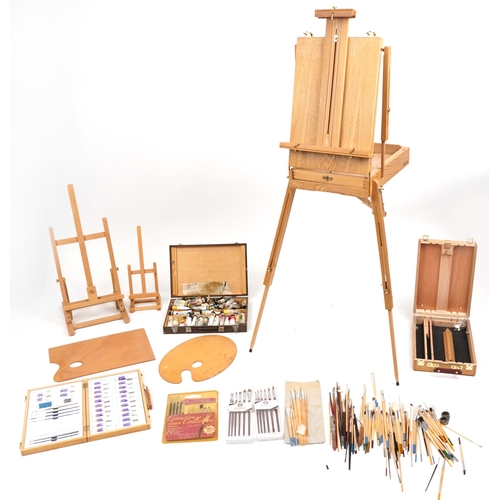 2334 - Good collection of artist's equipment including travelling easels, paint brushes, palettes and paint... 