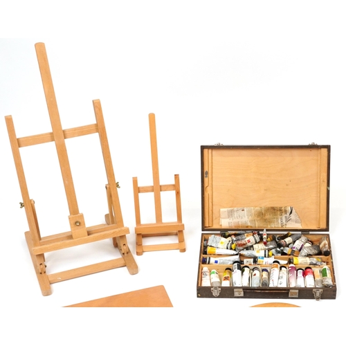 2334 - Good collection of artist's equipment including travelling easels, paint brushes, palettes and paint... 