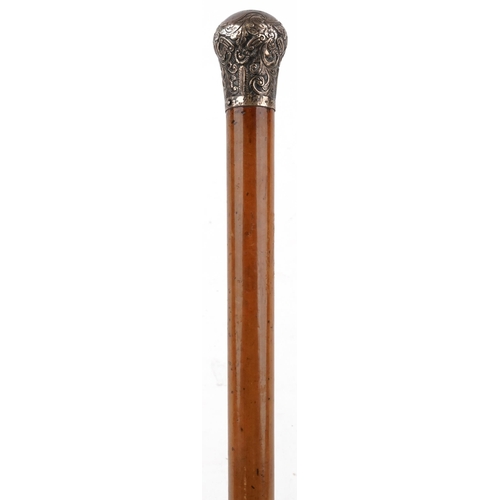 663 - Victorian malacca walking stick with floral engraved silver pommel, indistinctly engraved and dated ... 