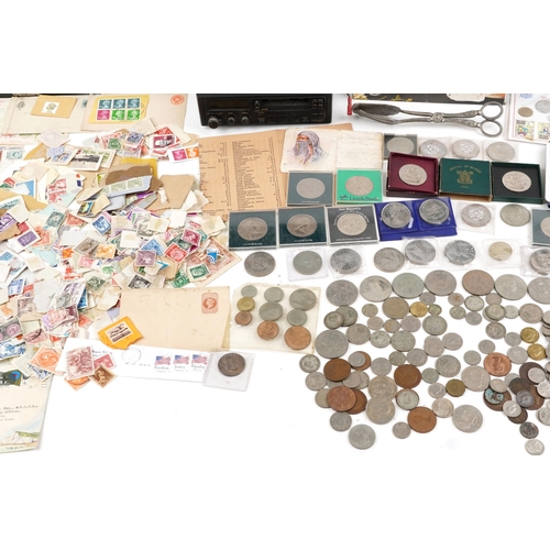 2689 - Coins, stamps and sundry items including five pound coins, Spink's coin reference books and silver p... 