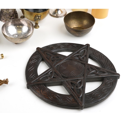 2434 - Witchcraft collectables including ceremonial sets, wall plaques and entwined hand stands with glass ... 