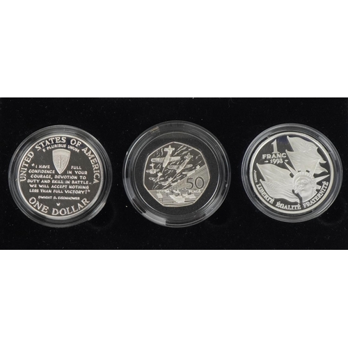 1604 - Royal Mint silver proof coins comprising 1994 three coin silver proof collection commemorating the 5... 