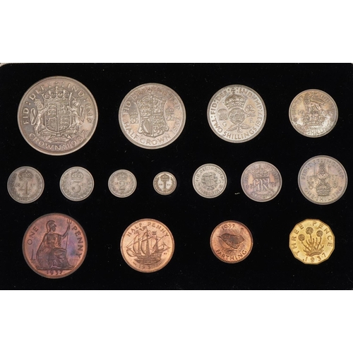 1527 - George VI 1937 specimen coin set housed in a tooled leather silk and velvet lined fitted case by The... 