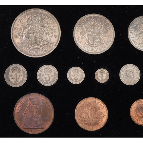 1527 - George VI 1937 specimen coin set housed in a tooled leather silk and velvet lined fitted case by The... 