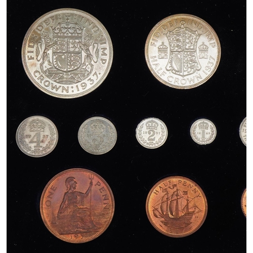 1528 - George VI 1937 specimen coin set housed in a tooled leather silk and velvet lined fitted case by The... 