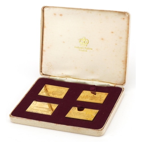 1602 - Set of four gold plated silver Railway Anniversary stamp replicas housed in a fitted case, set numbe... 