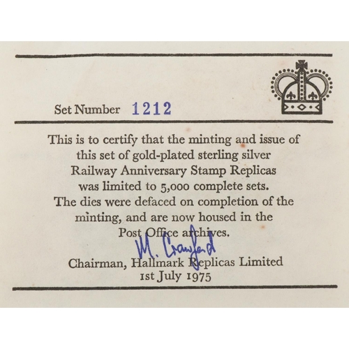 1602 - Set of four gold plated silver Railway Anniversary stamp replicas housed in a fitted case, set numbe... 