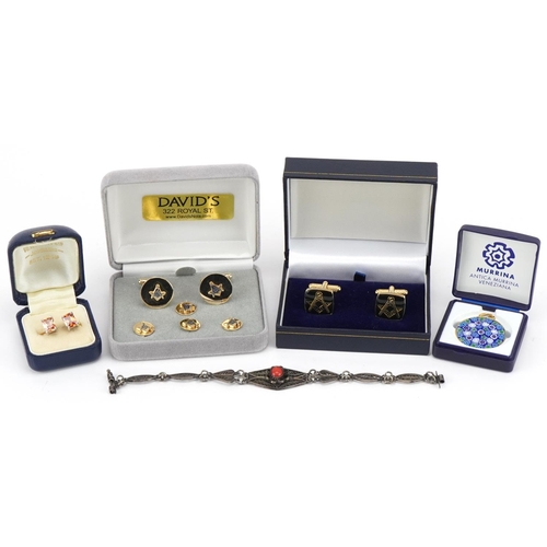 3720 - Costume jewellery including unmarked filigree silver coral bracelet, two sets of masonic cufflinks, ... 