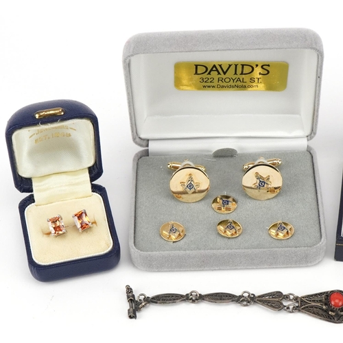 3720 - Costume jewellery including unmarked filigree silver coral bracelet, two sets of masonic cufflinks, ... 