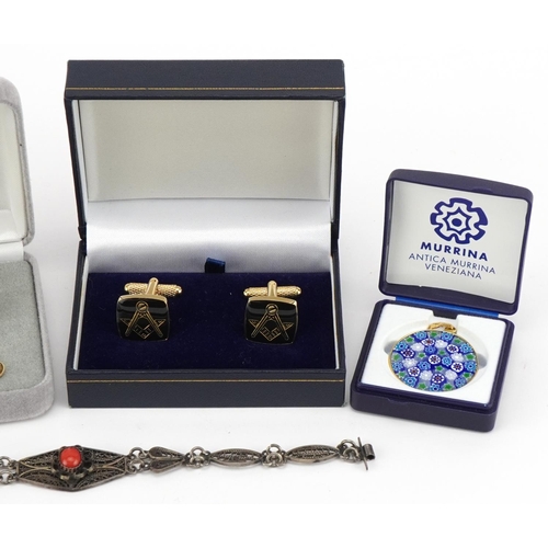 3720 - Costume jewellery including unmarked filigree silver coral bracelet, two sets of masonic cufflinks, ... 