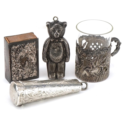 496 - Victorian and later silver objects comprising teddy bear rattle, matchbox case, cheroot holder case ... 