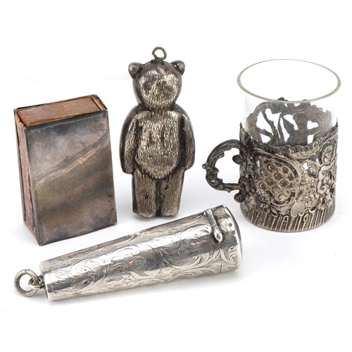 496 - Victorian and later silver objects comprising teddy bear rattle, matchbox case, cheroot holder case ... 