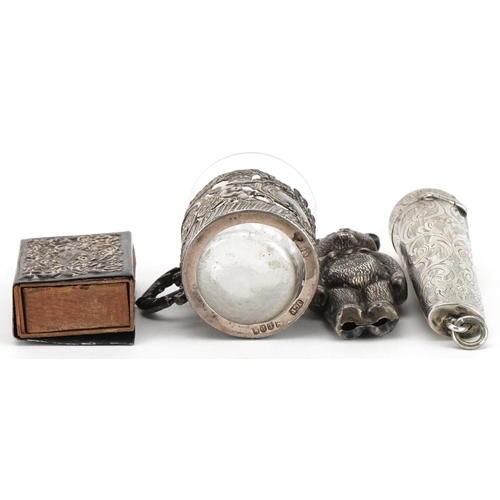 496 - Victorian and later silver objects comprising teddy bear rattle, matchbox case, cheroot holder case ... 