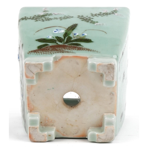 670 - Chinese porcelain celadon glazed four footed planter hand painted with flowers, 16.5cm high