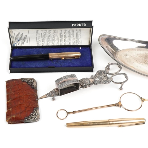 123 - Victorian and later sundry items including a silver mounted crocodile skin case, pair of silver plat... 