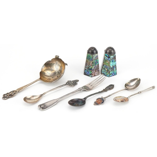 630 - Antique and later silver items including a silver and enamel bullfighter teaspoon, pair of abalone s... 