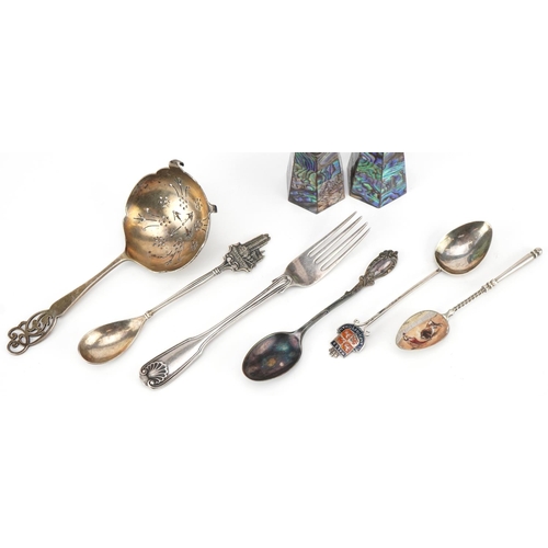 630 - Antique and later silver items including a silver and enamel bullfighter teaspoon, pair of abalone s... 