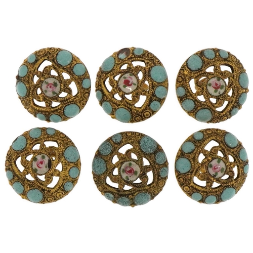 624 - Set of six good quality 19th century gilt brass and enamel pierced buttons hand painted with flowers... 