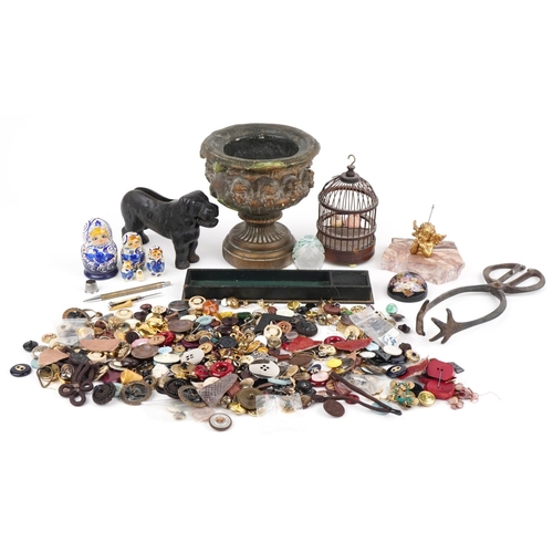 2494 - Sundry items including large collection of vintage and later buttons, bird box and Russian Matryoshk... 