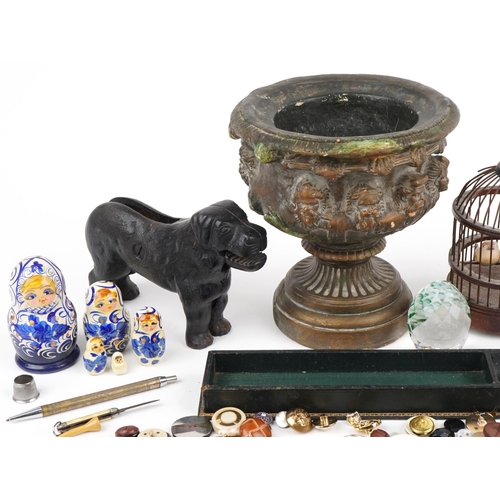 2494 - Sundry items including large collection of vintage and later buttons, bird box and Russian Matryoshk... 