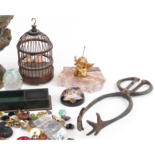 2494 - Sundry items including large collection of vintage and later buttons, bird box and Russian Matryoshk... 