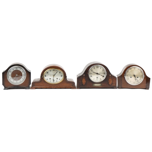 2500 - Three oak cased mantle clocks including two Westminster chiming examples, the largest 38cm wide